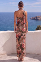 Load image into Gallery viewer, Floral Brown Leopard Printed Sheath One Shoulder Long Wedding Guest Dress