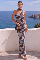 Load image into Gallery viewer, Floral Brown Leopard Printed Sheath One Shoulder Long Wedding Guest Dress