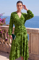 Load image into Gallery viewer, Khaki Floral Ruched Midi Beach Wedding Guest Dress with Sleeves