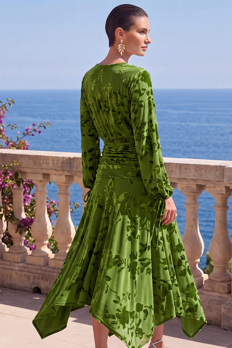 Load image into Gallery viewer, Khaki Floral Ruched Midi Beach Wedding Guest Dress with Sleeves