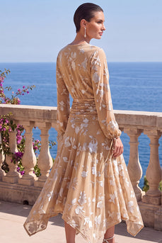 Khaki Floral Ruched Midi Beach Wedding Guest Dress with Sleeves