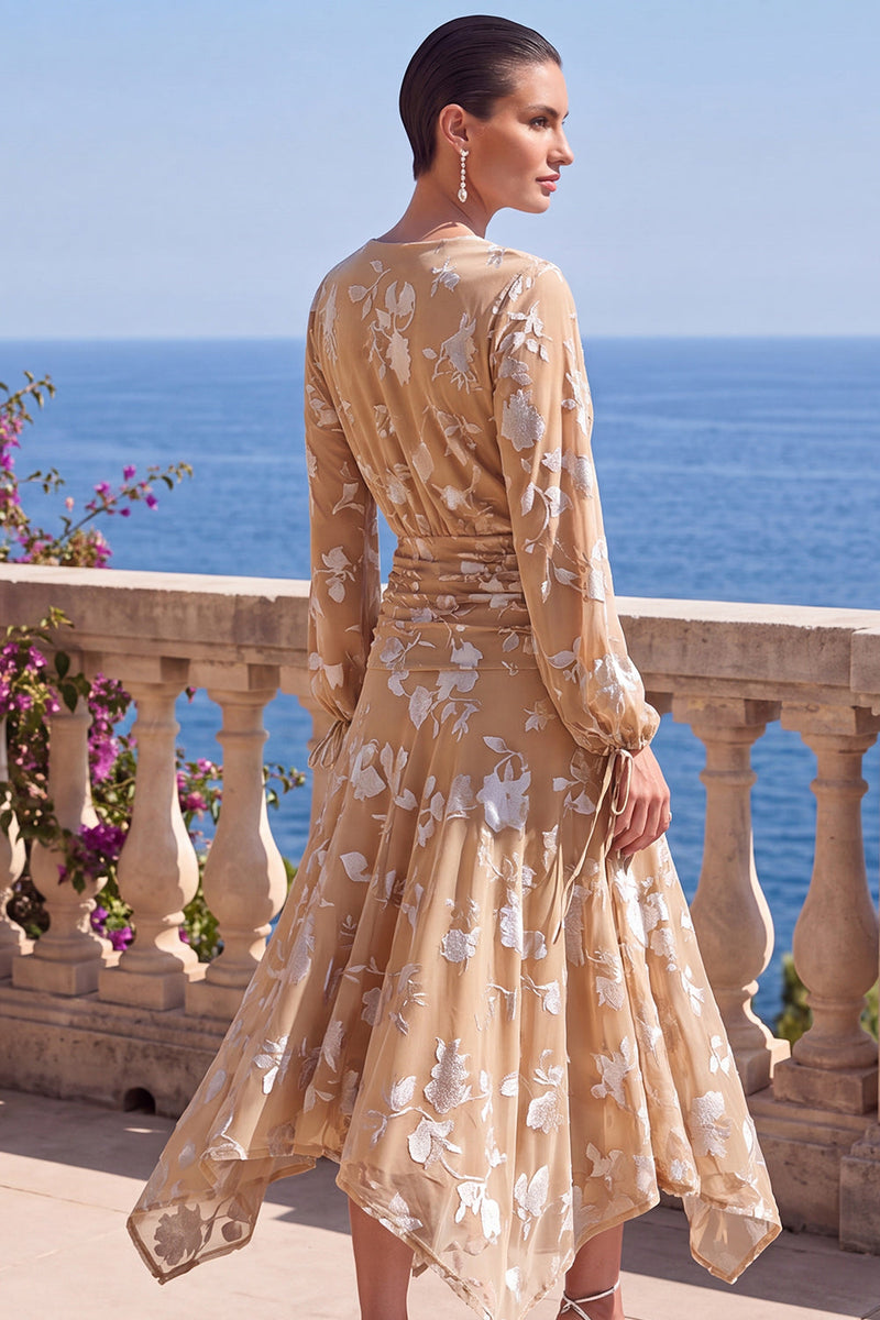 Load image into Gallery viewer, Khaki Floral Ruched Midi Beach Wedding Guest Dress with Sleeves