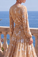 Load image into Gallery viewer, Khaki Floral Ruched Midi Beach Wedding Guest Dress with Sleeves