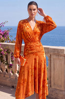 Load image into Gallery viewer, Khaki Floral Ruched Midi Beach Wedding Guest Dress with Sleeves