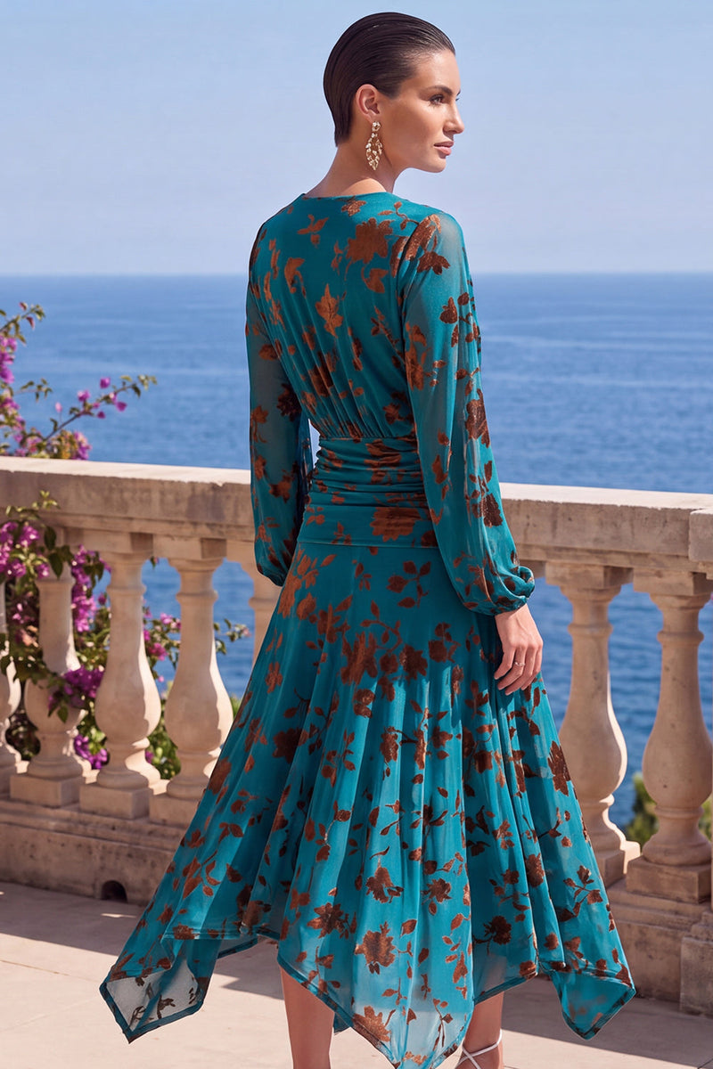 Load image into Gallery viewer, Khaki Floral Ruched Midi Beach Wedding Guest Dress with Sleeves