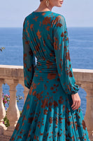Load image into Gallery viewer, Khaki Floral Ruched Midi Beach Wedding Guest Dress with Sleeves