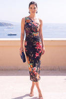 Load image into Gallery viewer, Blue Floral Sheath Printed One Shoulder Midi Beach Wedding Guest Dress