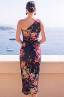 Load image into Gallery viewer, Blue Floral Sheath Printed One Shoulder Midi Beach Wedding Guest Dress
