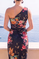 Load image into Gallery viewer, Blue Floral Sheath Printed One Shoulder Midi Beach Wedding Guest Dress