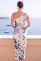 Load image into Gallery viewer, Blue Floral Sheath Printed One Shoulder Midi Beach Wedding Guest Dress