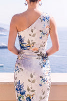 Load image into Gallery viewer, Blue Floral Sheath Printed One Shoulder Midi Beach Wedding Guest Dress