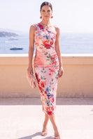 Load image into Gallery viewer, Blue Floral Sheath Printed One Shoulder Midi Beach Wedding Guest Dress