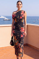 Load image into Gallery viewer, Black Floral Sheath One Shoulder Ruched Long Beach Wedding Guest Dress with Slit