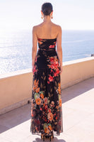 Load image into Gallery viewer, Floral Coffee A Line Strapless Ruched Long Beach Wedding Guest Dress