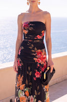 Load image into Gallery viewer, Floral Coffee A Line Strapless Ruched Long Beach Wedding Guest Dress