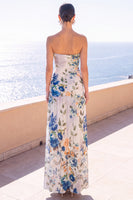 Load image into Gallery viewer, Floral Coffee A Line Strapless Ruched Long Beach Wedding Guest Dress