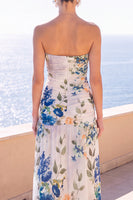 Load image into Gallery viewer, Floral Coffee A Line Strapless Ruched Long Beach Wedding Guest Dress