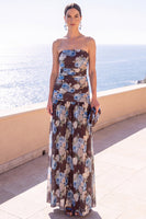 Load image into Gallery viewer, Floral Coffee A Line Strapless Ruched Long Beach Wedding Guest Dress