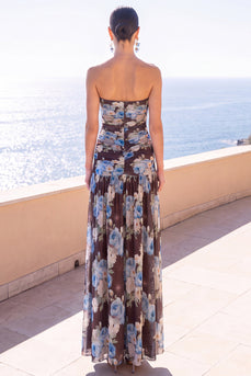 Floral Coffee A Line Strapless Ruched Long Beach Wedding Guest Dress