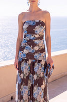 Load image into Gallery viewer, Floral Coffee A Line Strapless Ruched Long Beach Wedding Guest Dress