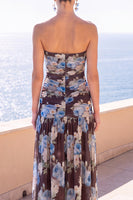 Load image into Gallery viewer, Floral Coffee A Line Strapless Ruched Long Beach Wedding Guest Dress