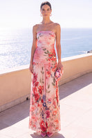 Load image into Gallery viewer, Floral Coffee A Line Strapless Ruched Long Beach Wedding Guest Dress
