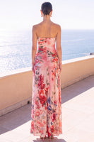 Load image into Gallery viewer, Floral Coffee A Line Strapless Ruched Long Beach Wedding Guest Dress