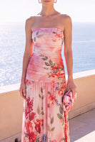 Load image into Gallery viewer, Floral Coffee A Line Strapless Ruched Long Beach Wedding Guest Dress