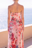 Load image into Gallery viewer, Floral Coffee A Line Strapless Ruched Long Beach Wedding Guest Dress