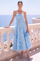 Load image into Gallery viewer, Floral Blue A Line Strapless Corset Long Beach Wedding Guest Dress