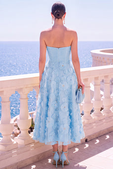Floral Blue A Line Strapless Corset Long Beach Wedding Guest Dress