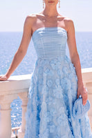 Load image into Gallery viewer, Floral Blue A Line Strapless Corset Long Beach Wedding Guest Dress