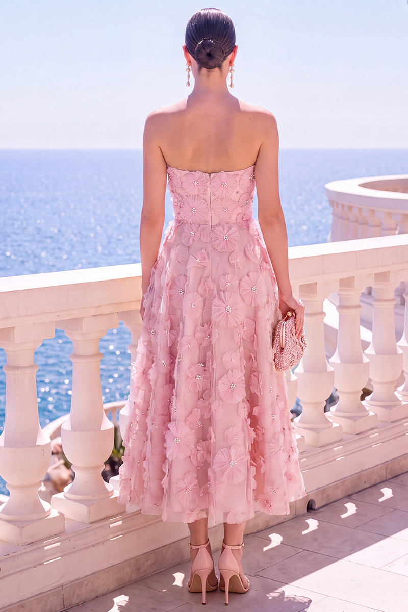 Load image into Gallery viewer, Floral Blue A Line Strapless Corset Long Beach Wedding Guest Dress