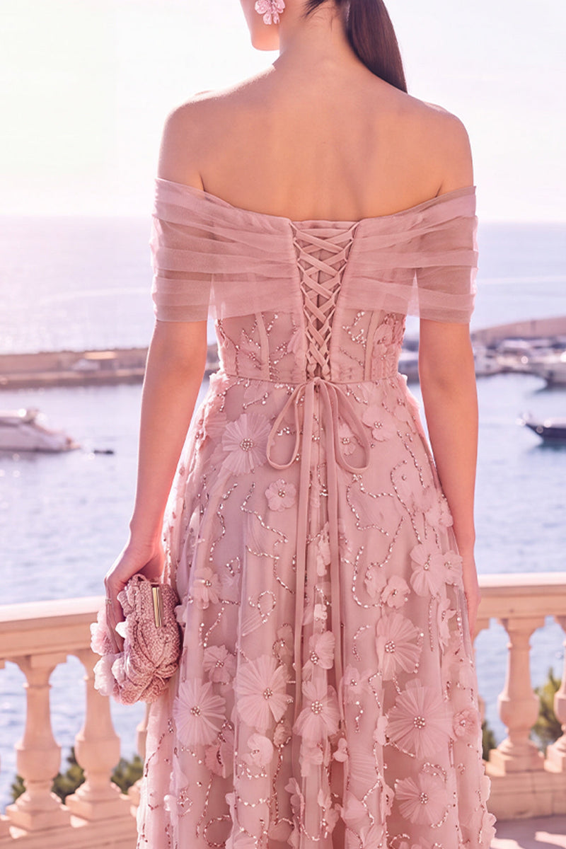 Load image into Gallery viewer, Pink Floral Off the Shoulder A Line Maxi Beach Wedding Guest Dress