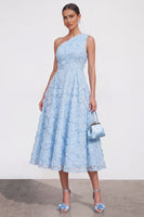 Load image into Gallery viewer, Green A Line One Shoulder Floral Maxi Wedding Guest Dress