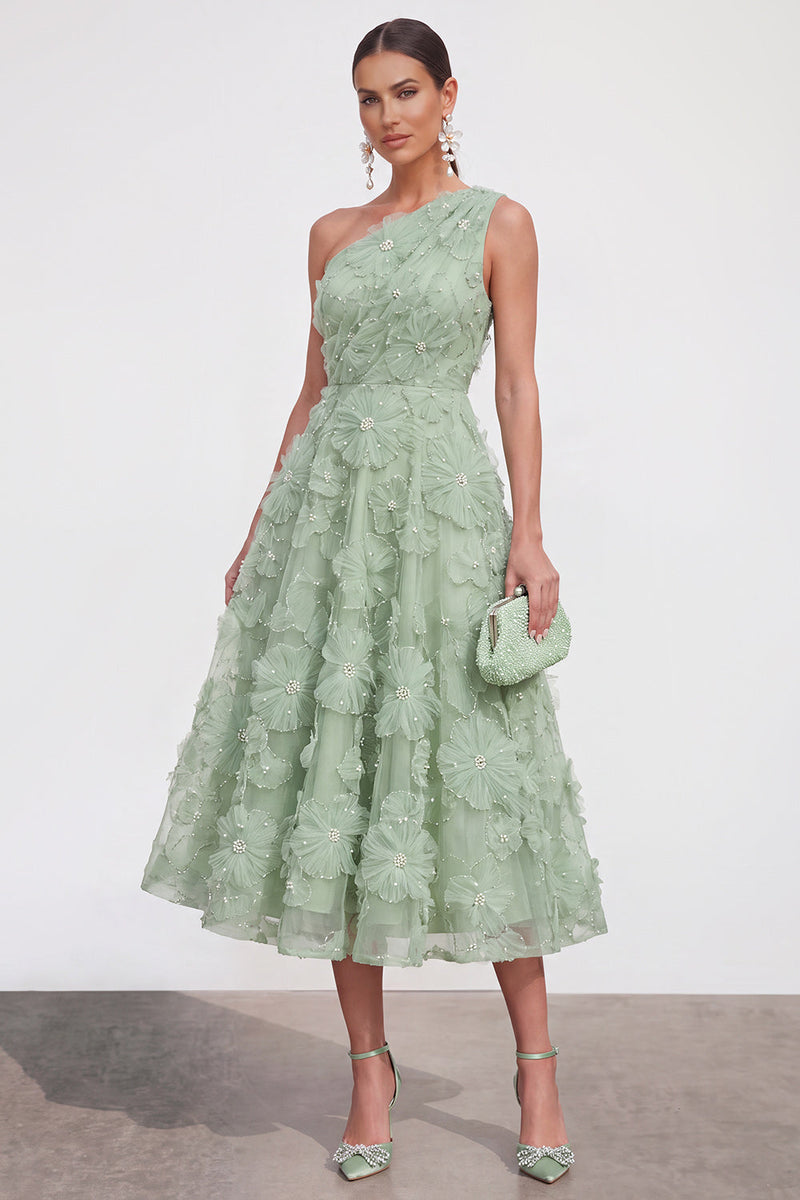 Load image into Gallery viewer, Green A Line One Shoulder Floral Maxi Wedding Guest Dress