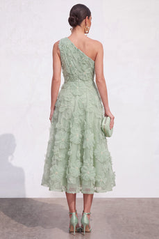 Green A Line One Shoulder Floral Maxi Wedding Guest Dress