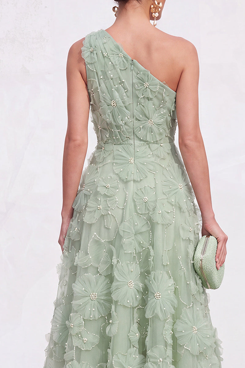 Load image into Gallery viewer, Green A Line One Shoulder Floral Maxi Wedding Guest Dress