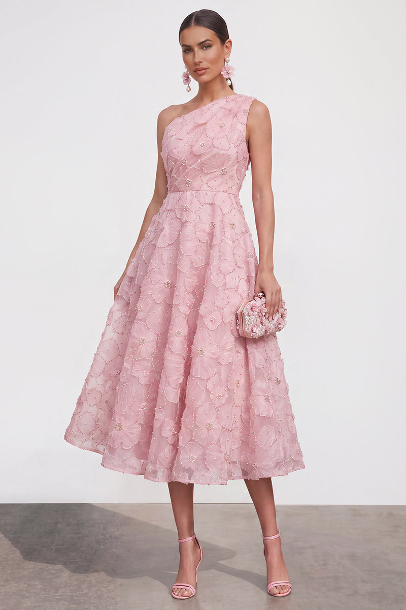 Load image into Gallery viewer, Green A Line One Shoulder Floral Maxi Wedding Guest Dress