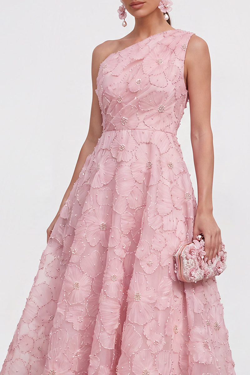 Load image into Gallery viewer, Green A Line One Shoulder Floral Maxi Wedding Guest Dress