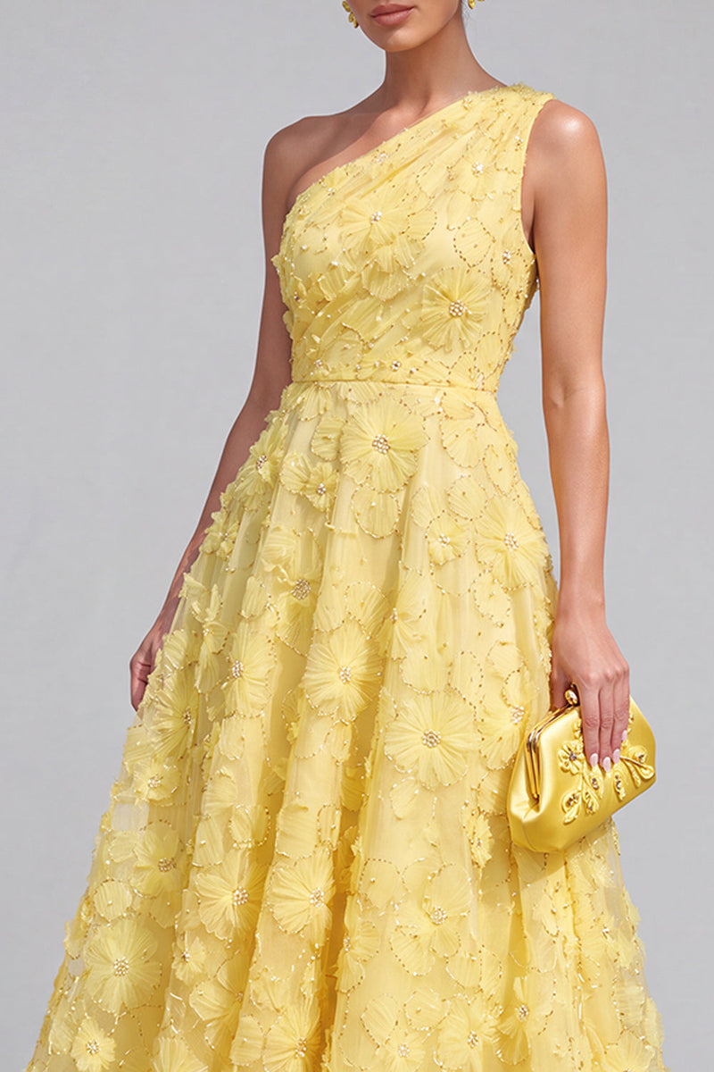 Load image into Gallery viewer, Green A Line One Shoulder Floral Maxi Wedding Guest Dress