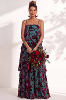 Load image into Gallery viewer, Green Flower Tiered Ruffled Velevt Long Wedding Guest Dress