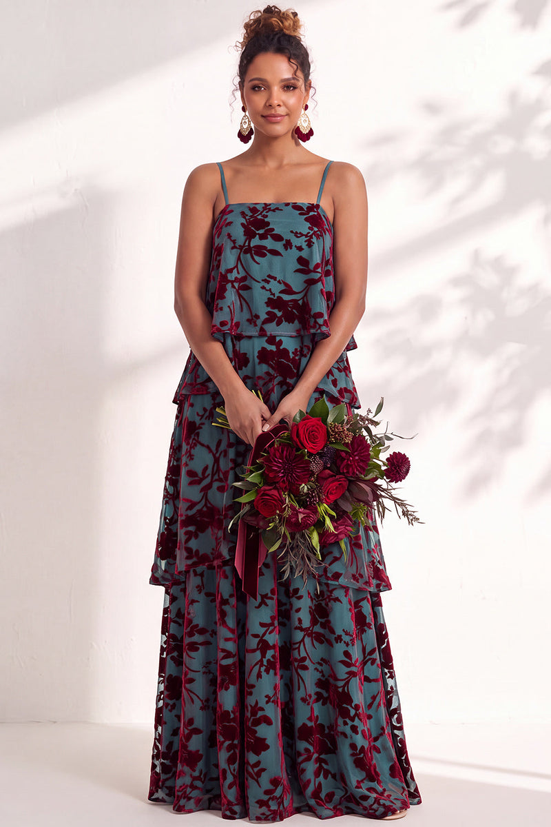 Load image into Gallery viewer, Green Flower Tiered Ruffled Velevt Long Wedding Guest Dress