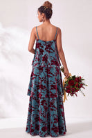 Load image into Gallery viewer, Green Flower Tiered Ruffled Velevt Long Wedding Guest Dress