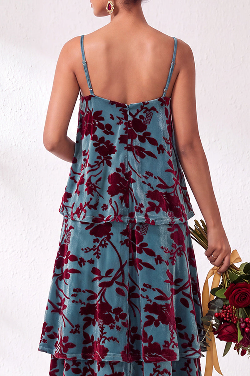 Load image into Gallery viewer, Green Flower Tiered Ruffled Velevt Long Wedding Guest Dress