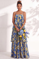 Load image into Gallery viewer, Green Flower Tiered Ruffled Velevt Long Wedding Guest Dress
