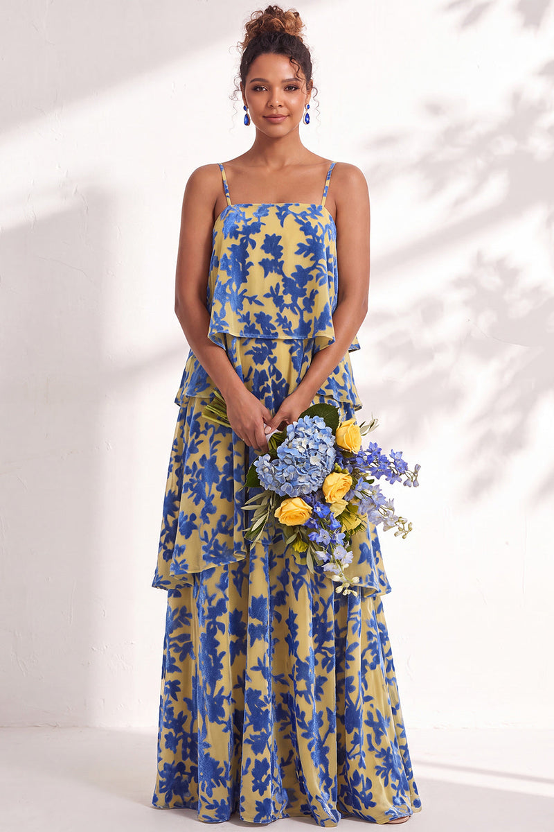 Load image into Gallery viewer, Green Flower Tiered Ruffled Velevt Long Wedding Guest Dress