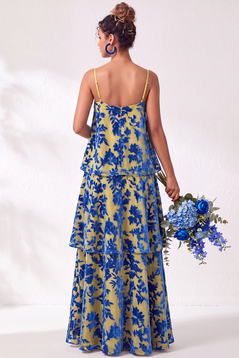 Load image into Gallery viewer, Green Flower Tiered Ruffled Velevt Long Wedding Guest Dress