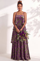 Load image into Gallery viewer, Green Flower Tiered Ruffled Velevt Long Wedding Guest Dress