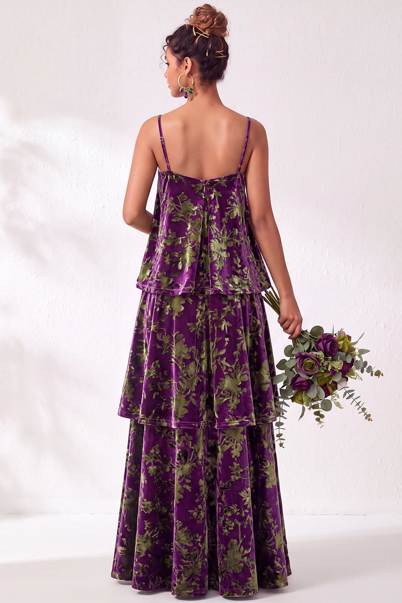 Load image into Gallery viewer, Green Flower Tiered Ruffled Velevt Long Wedding Guest Dress